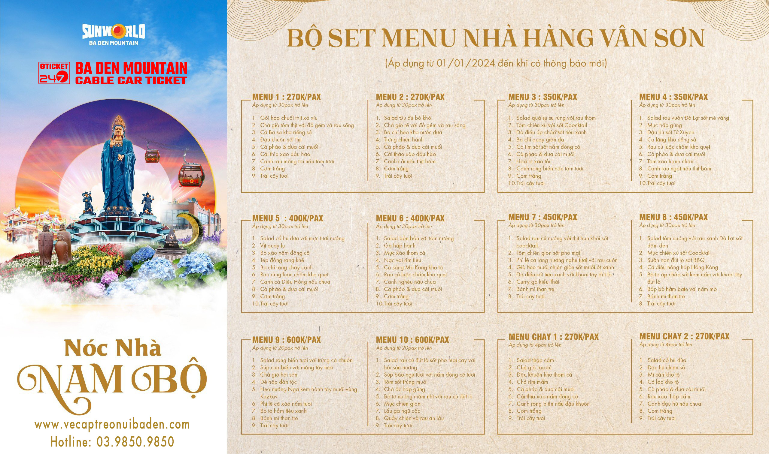 Menu Nhà Hàng Núi Bà Đen, Set menu nhà hàng Vân Sơn Núi Bà Đen